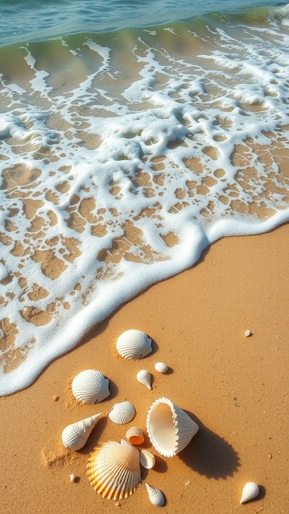 Ocean waves gently wash over seashells on a sandy beach