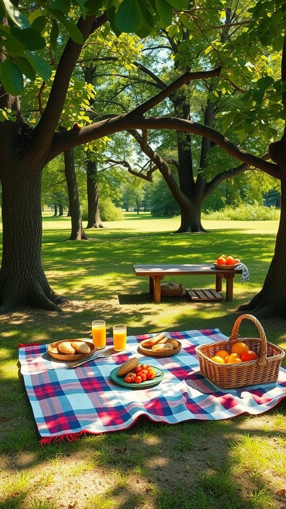 A picnic setup under trees with a blanket, food, and drinks