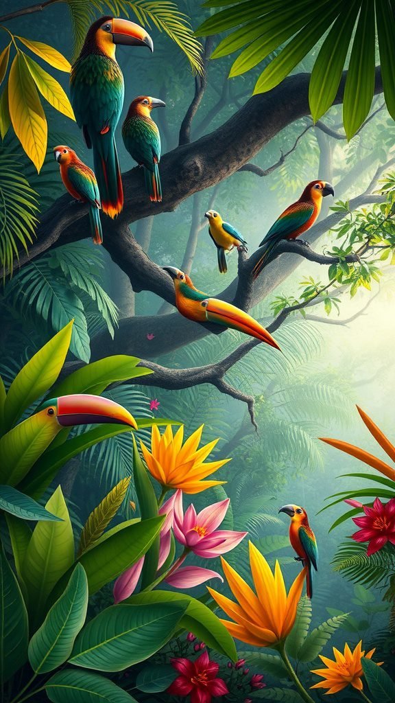 A vibrant digital illustration of tropical birds and plants in a rainforest setting.