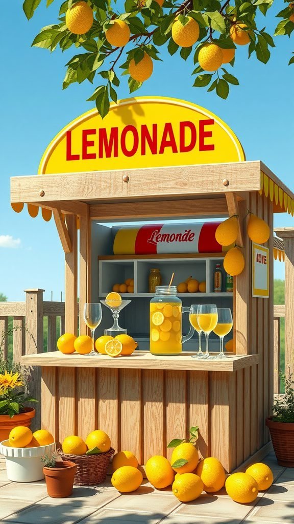 A charming lemonade stand with a bright yellow sign, a jar of lemonade, and fresh oranges.