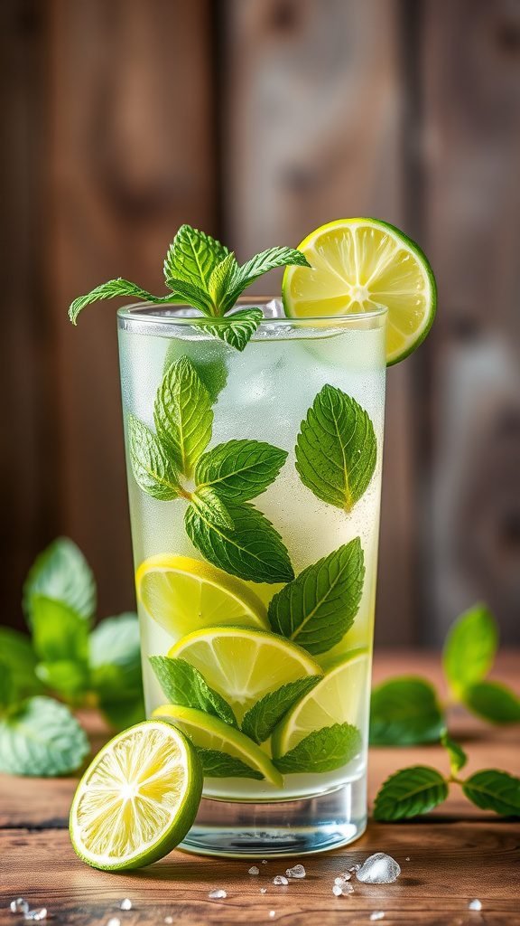 A refreshing mint mojito in a glass, garnished with mint leaves and lime slices.