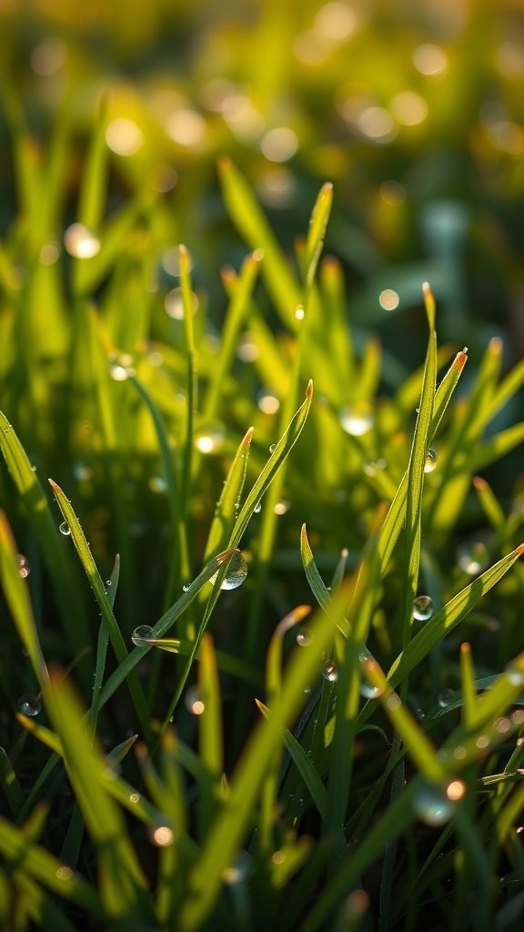 Close-up of green grass blades with morning dew drops glistening in sunlight.