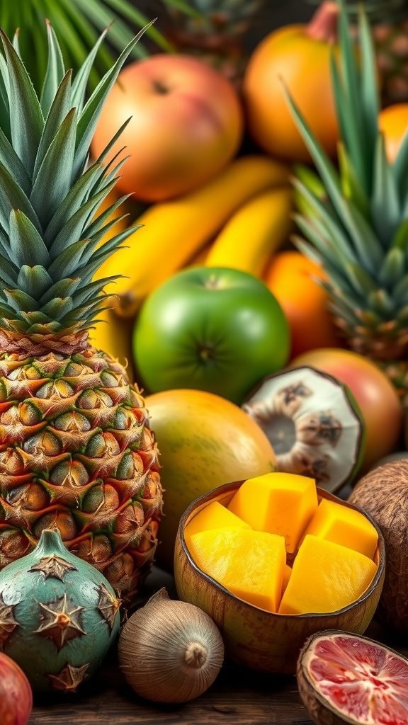 A colorful arrangement of tropical fruits including pineapple, mango, bananas, and more.