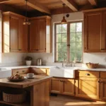 Photorealistic farmhouse kitchen with sunlit knotty alder wood cabinets, vintage copper pendant lights, and earth-tone accents, featuring a farmhouse sink, butcher block island, and sage green details.