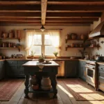 Photorealistic image of a primitive American kitchen with rustic elements, featuring golden morning sunlight, shaker-style walnut cabinets, a distressed island, open shelving with amber glass jars, and cast iron cookware, all highlighted in warm earth tones.