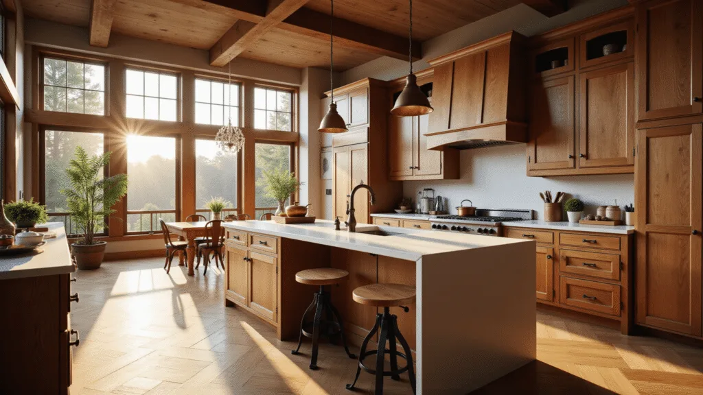 A spacious luxury kitchen with rich hickory cabinets, white quartz island, and warm natural light during golden hour, captured in 8K resolution with a soft focus on cabinet details.