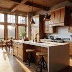 A spacious luxury kitchen with rich hickory cabinets, white quartz island, and warm natural light during golden hour, captured in 8K resolution with a soft focus on cabinet details.