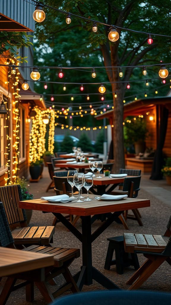 Rustic outdoor dining setup with wooden tables and string lights