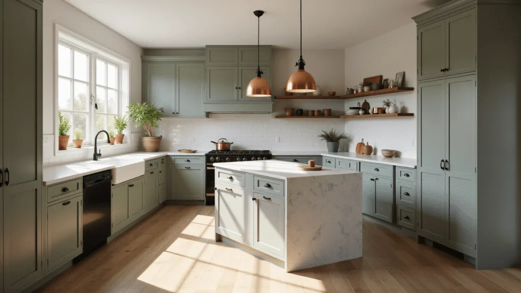 A modern farmhouse kitchen featuring sage green Shaker-style cabinets, white marble countertops, and copper pendant lights, bathed in morning sunlight, with natural wood floors and vintage cookware, creating an intimate and stylish atmosphere.