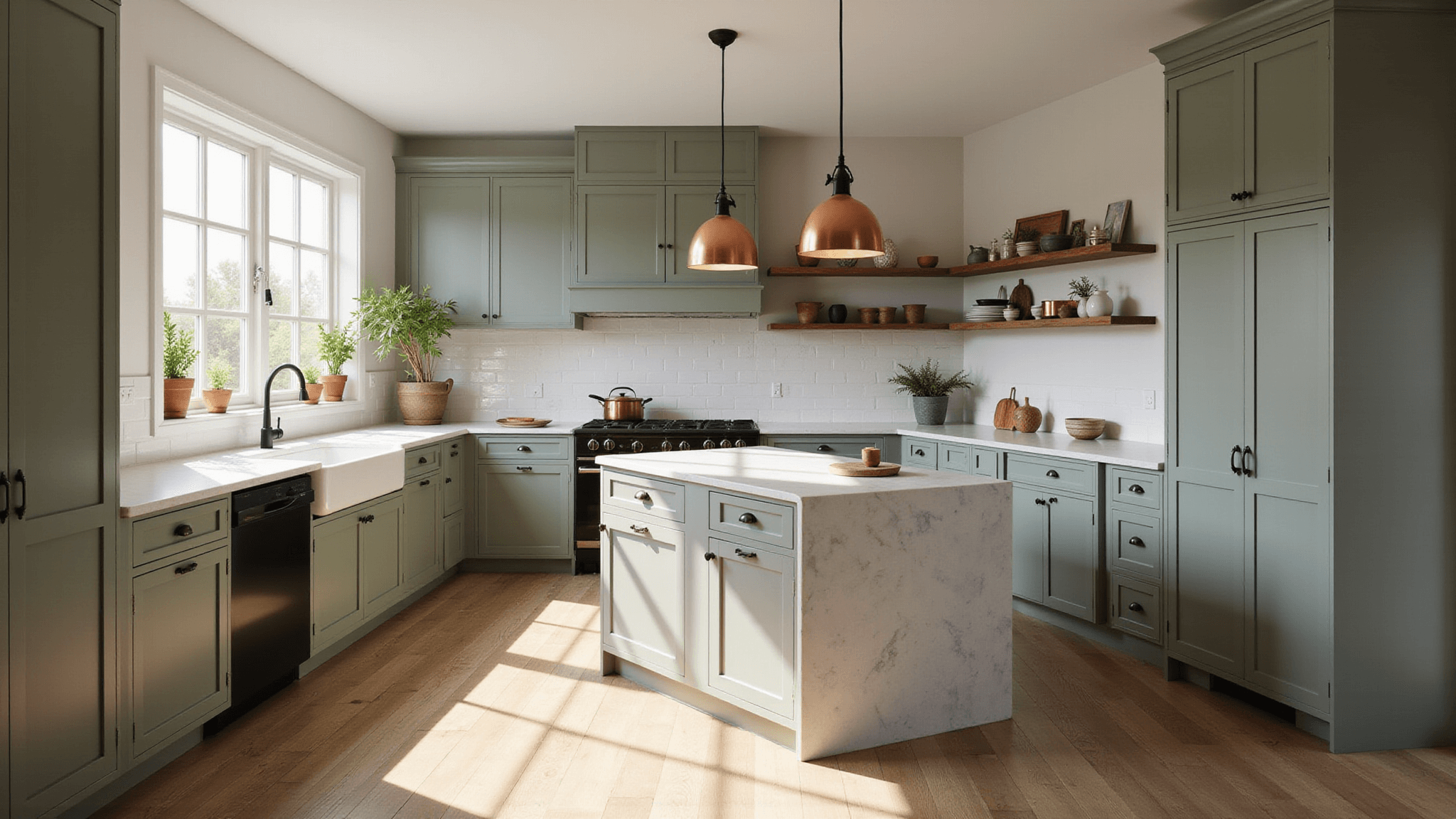 A modern farmhouse kitchen featuring sage green Shaker-style cabinets, white marble countertops, and copper pendant lights, bathed in morning sunlight, with natural wood floors and vintage cookware, creating an intimate and stylish atmosphere.
