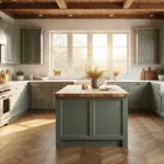 Photorealistic kitchen interior featuring sage green shaker cabinets, white quartz countertops, and a butcher block island, illuminated by warm golden hour light through large windows, with artisan pottery and rustic elements.
