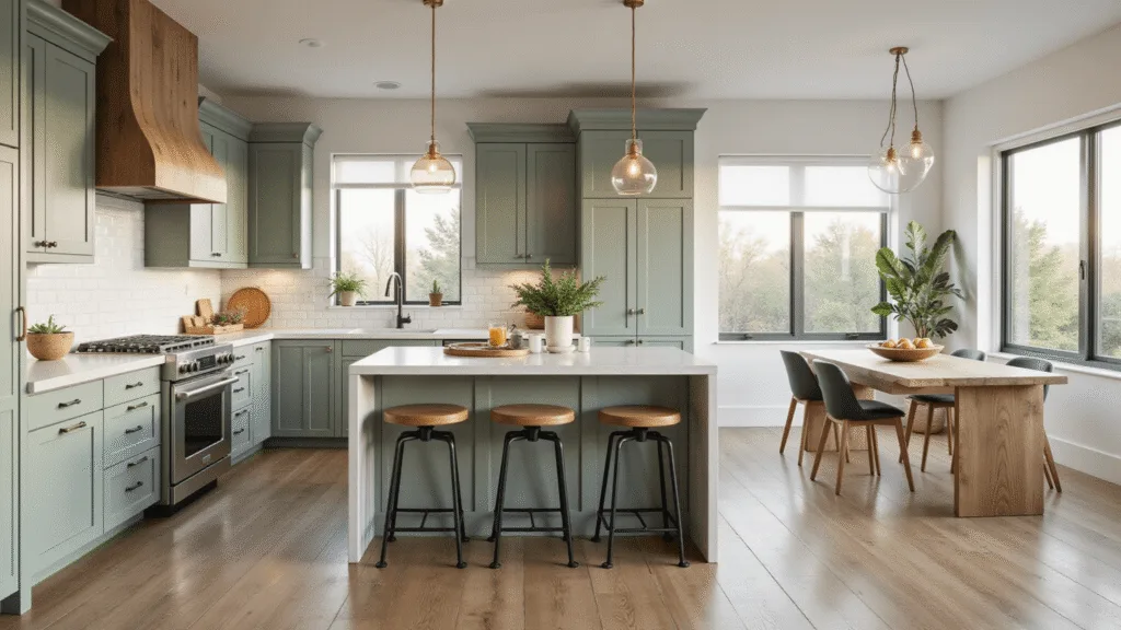 Photorealistic image of a modern luxury kitchen featuring sage green shaker cabinets, white quartz waterfall countertop island, and weathered oak accents, illuminated by morning sunlight with house plants and natural decor, shot in 8K resolution with a warm hygge atmosphere.