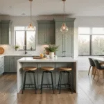 Photorealistic image of a modern luxury kitchen featuring sage green shaker cabinets, white quartz waterfall countertop island, and weathered oak accents, illuminated by morning sunlight with house plants and natural decor, shot in 8K resolution with a warm hygge atmosphere.