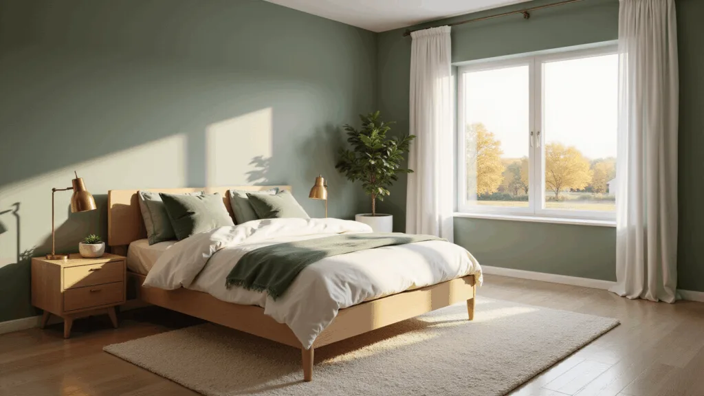 A serene sage green Scandinavian bedroom bathed in golden hour sunlight, featuring a queen-sized bed with ivory linen bedding, velvet pillows, light oak nightstands with brass lamps, and a potted fiddle leaf fig, styled with a textured cream wool rug and sheer curtains, all in hyper-realistic 8K detail.