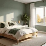 A serene sage green Scandinavian bedroom bathed in golden hour sunlight, featuring a queen-sized bed with ivory linen bedding, velvet pillows, light oak nightstands with brass lamps, and a potted fiddle leaf fig, styled with a textured cream wool rug and sheer curtains, all in hyper-realistic 8K detail.