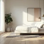 A modern Scandinavian bedroom with light maple hardwood flooring, floor-to-ceiling windows, a minimalist white oak platform bed, matte brass pendant lights, a plush grey area rug, ceramic vessels, large-scale abstract artwork, and a fiddle leaf fig plant.