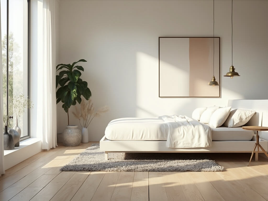 A modern Scandinavian bedroom with light maple hardwood flooring, floor-to-ceiling windows, a minimalist white oak platform bed, matte brass pendant lights, a plush grey area rug, ceramic vessels, large-scale abstract artwork, and a fiddle leaf fig plant.