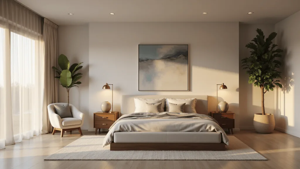 Luxurious master bedroom with warm golden hour sunlight, featuring a king-sized bed, modern nightstands, a fiddle leaf fig tree, and minimalist decor in muted blues and greys.