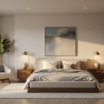 Luxurious master bedroom with warm golden hour sunlight, featuring a king-sized bed, modern nightstands, a fiddle leaf fig tree, and minimalist decor in muted blues and greys.