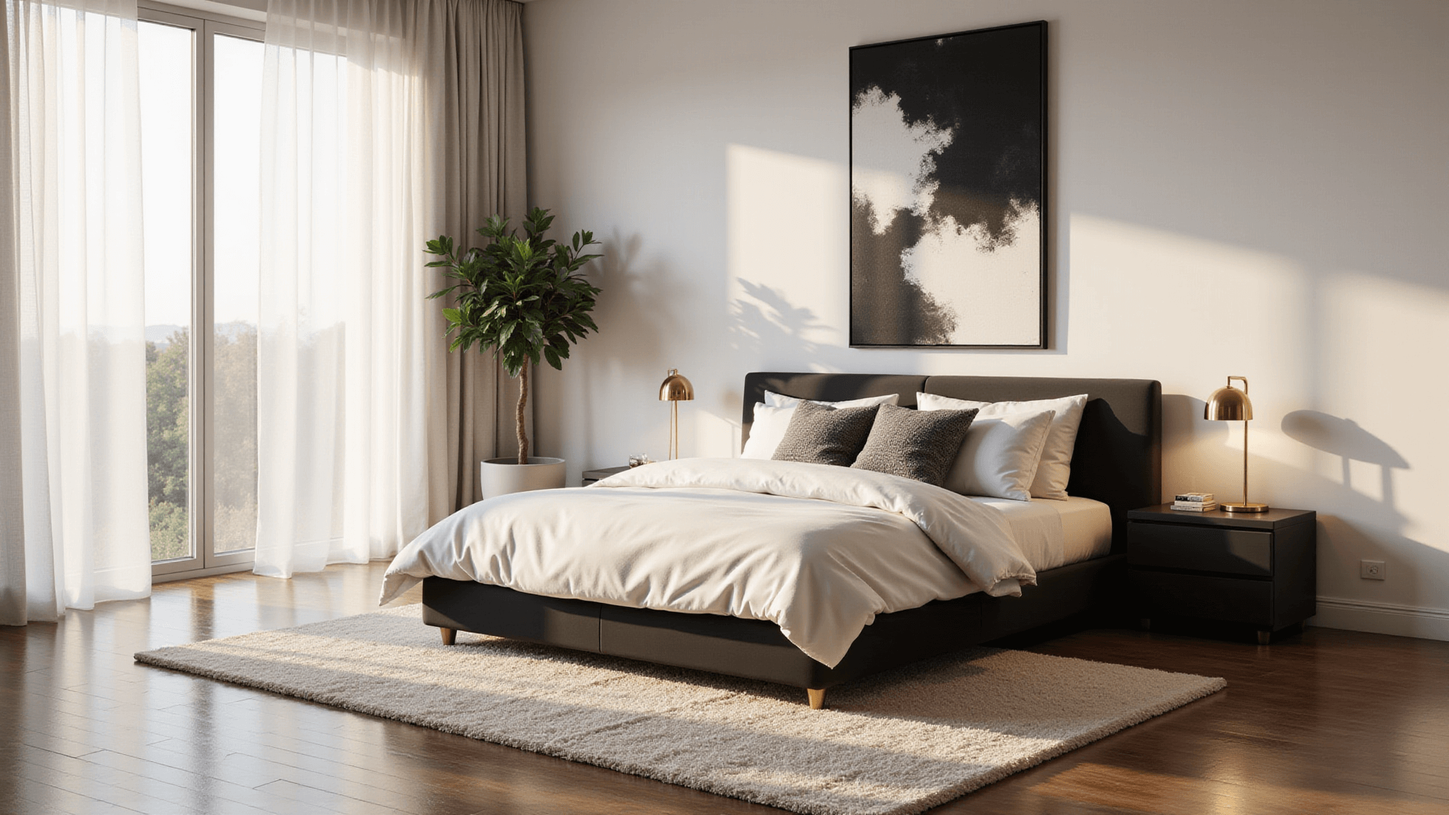 A luxurious modern minimalist bedroom bathed in golden morning light, featuring floor-to-ceiling windows, a black platform bed with white linens, brass nightstands, an oversized abstract canvas, and a potted fiddle leaf fig.