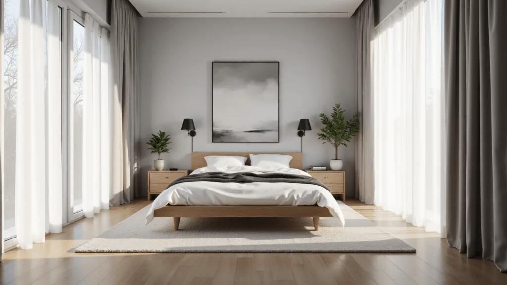 A serene minimalist bedroom featuring a low-profile oak platform bed with white linen bedding, bathed in soft morning light from floor-to-ceiling windows, with modern black sconces and an abstract canvas, set against a light grey wall.
