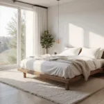 A serene white bedroom bathed in soft morning light, featuring a platform bed with crisp cotton bedding, floating walnut nightstands, and a plush Moroccan rug, captured in a photorealistic style with warm undertones and subtle textures.