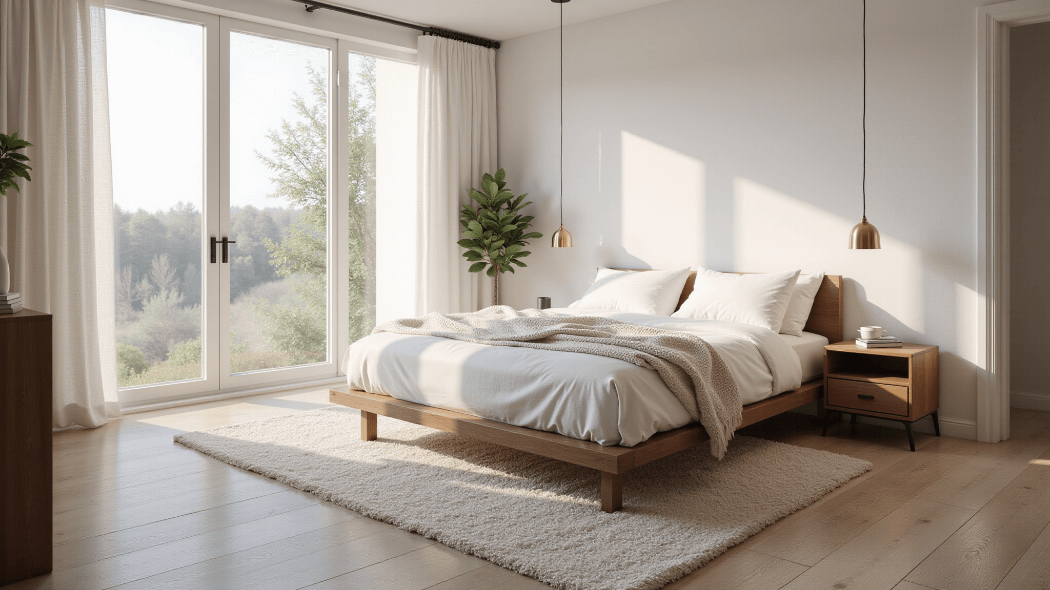 A serene white bedroom bathed in soft morning light, featuring a platform bed with crisp cotton bedding, floating walnut nightstands, and a plush Moroccan rug, captured in a photorealistic style with warm undertones and subtle textures.
