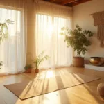 A serene home yoga sanctuary with natural elements lit by golden hour sunlight, featuring floor-to-ceiling windows, a cork yoga mat, floating shelves with crystals and a salt lamp, potted bamboo, trailing plants, and a macramé wall hanging.