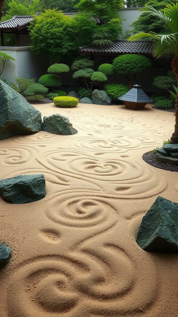 A serene Zen garden with raked sand patterns and lush greenery.