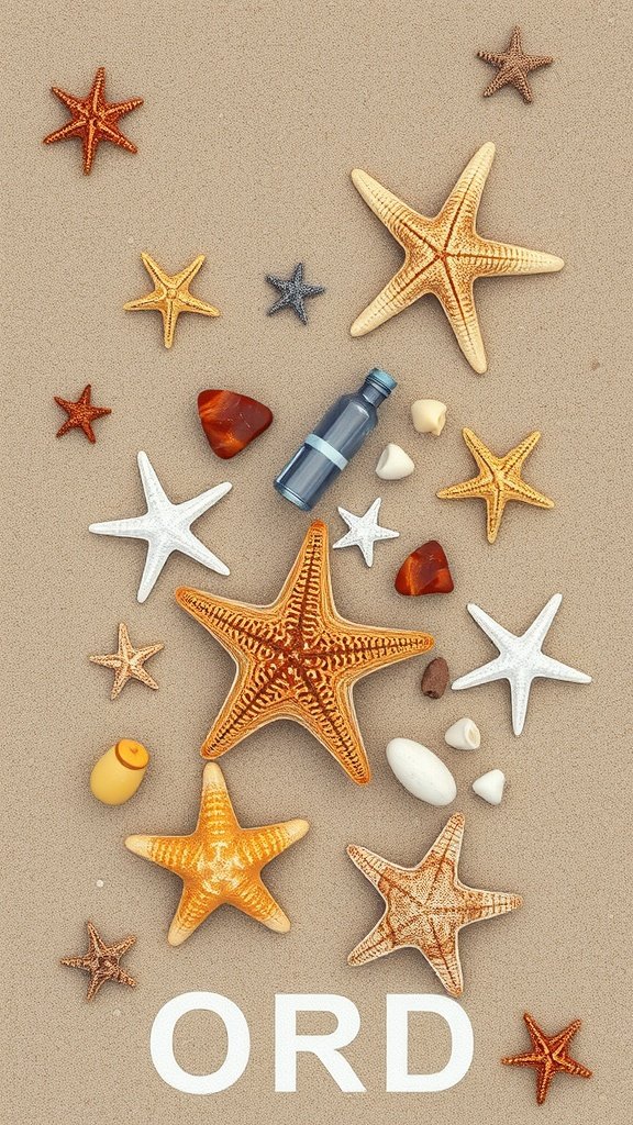 A collection of starfish and ocean treasures on sandy background