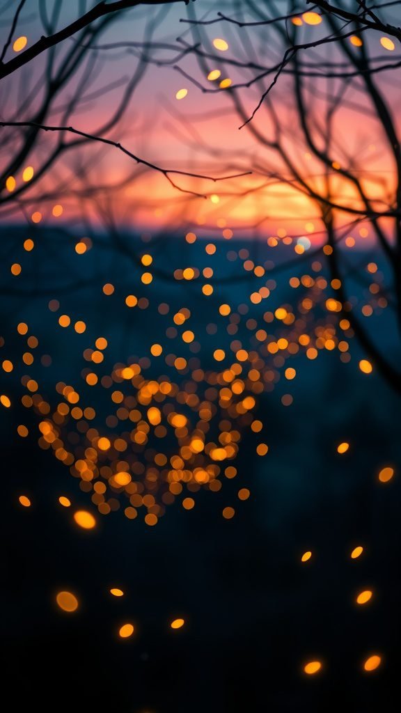 A blurred background of fireflies glowing against a sunset sky, captured in a serene summer night.