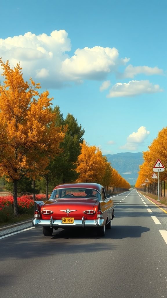 A classic red car driving down a tree-lined road with autumn foliage under a blue sky.
