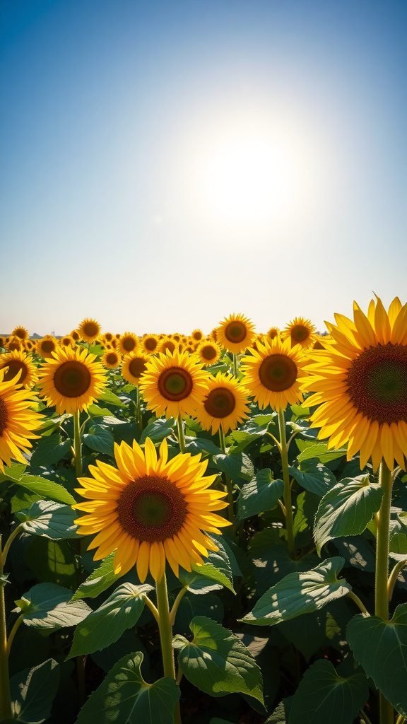 A field of sunflowers under a blue sky, showcasing their bright yellow petals and green leaves.