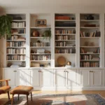 A sunlit living room with floor-to-ceiling white bookcases, colorful books, brass and ceramic decor, a cognac leather armchair, and a Persian rug, features warm natural light and trailing plants.