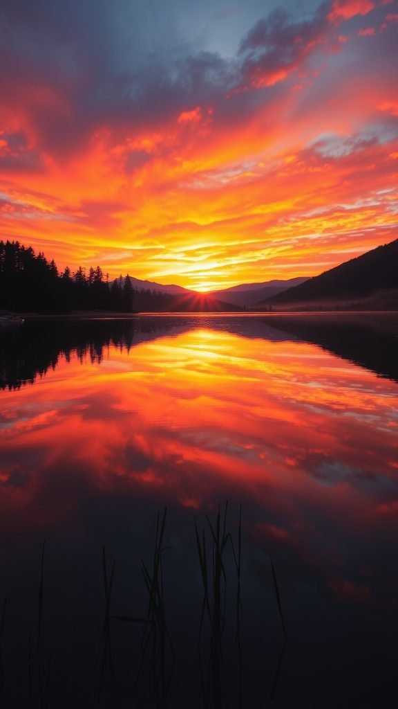 A vibrant sunset reflecting on still water, with clouds in shades of orange and purple, and reeds in the foreground.