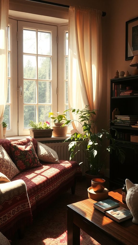 A cozy living room with sunlight streaming through windows, illuminating a couch and plants.