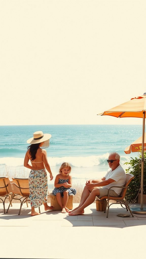 A woman, a young girl, and an older man relaxing by the beach.