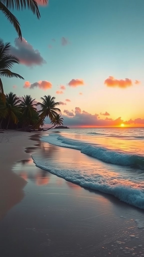 Beach at sunset with palm trees and soft waves