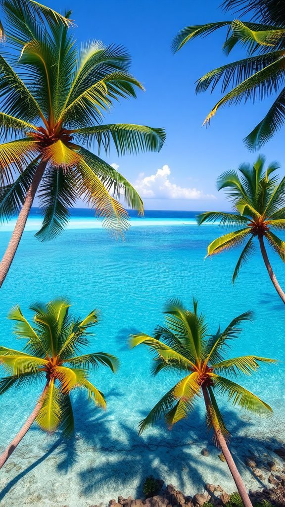 A vibrant tropical scene with palm trees and a clear blue ocean