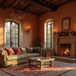 A photorealistic luxurious Tuscan living room illuminated during golden hour with sunlit terracotta walls, dark wooden beams, arched windows, a leather Chesterfield sofa with velvet pillows, vintage Persian rug, wrought iron lighting, stone fireplace, and natural light with visible dust particles.