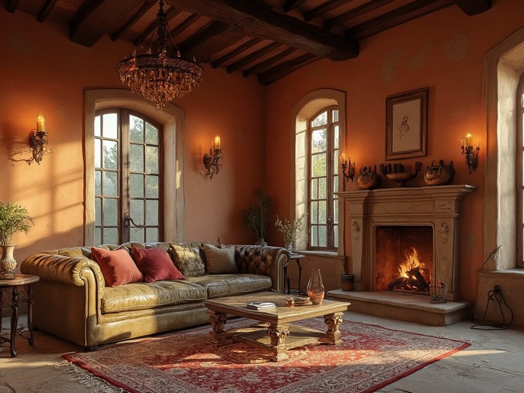 A photorealistic luxurious Tuscan living room illuminated during golden hour with sunlit terracotta walls, dark wooden beams, arched windows, a leather Chesterfield sofa with velvet pillows, vintage Persian rug, wrought iron lighting, stone fireplace, and natural light with visible dust particles.