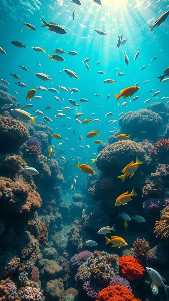 Underwater scene featuring a vibrant coral reef and colorful fish
