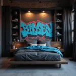 A photorealistic interior of a modern urban loft bedroom with industrial and street style elements, including a platform bed with charcoal and electric blue bedding, exposed brick walls featuring a graffiti mural, metal shelving with a sneaker collection, and floor-to-ceiling windows with black mesh curtains.