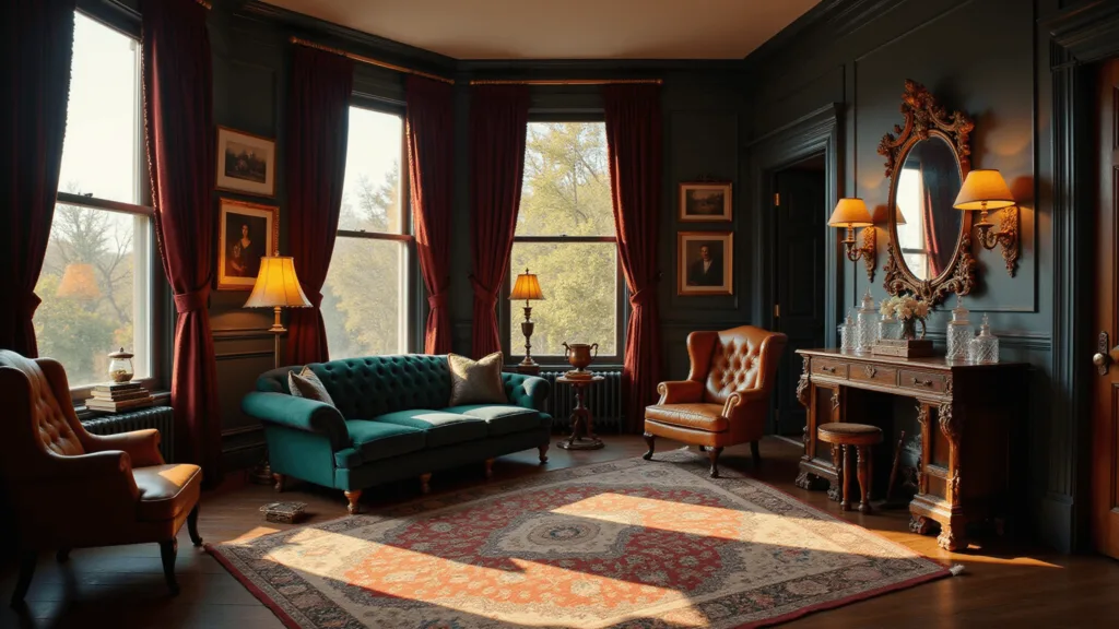 A photorealistic Victorian living room with a forest green Chesterfield sofa, burgundy velvet drapes, antique decor, and golden hour lighting.