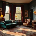 A photorealistic Victorian living room with a forest green Chesterfield sofa, burgundy velvet drapes, antique decor, and golden hour lighting.