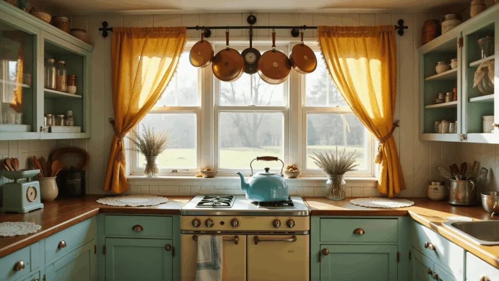 A sun-drenched farmhouse kitchen with mint-green cabinets, vintage decor, and soft natural light filtering through floral curtains, creating a nostalgic atmosphere.