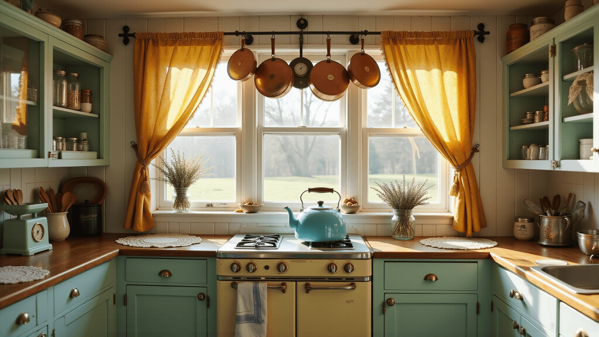 A sun-drenched farmhouse kitchen with mint-green cabinets, vintage decor, and soft natural light filtering through floral curtains, creating a nostalgic atmosphere.