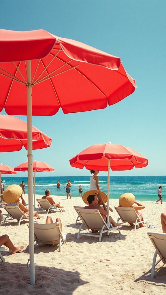 A sunny beach scene with red umbrellas, beach chairs, and people enjoying the day.