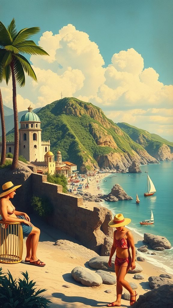 A vintage summer scene featuring a beach with palm trees, a coastal town, and two figures enjoying the sun.