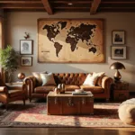 A sunlit living room during golden hour with a vintage sepia world map, leather armchair, Persian kilim rug, brass globes, travel photos, Moroccan poufs, and global artifacts, styled with dramatic shadows and textures.